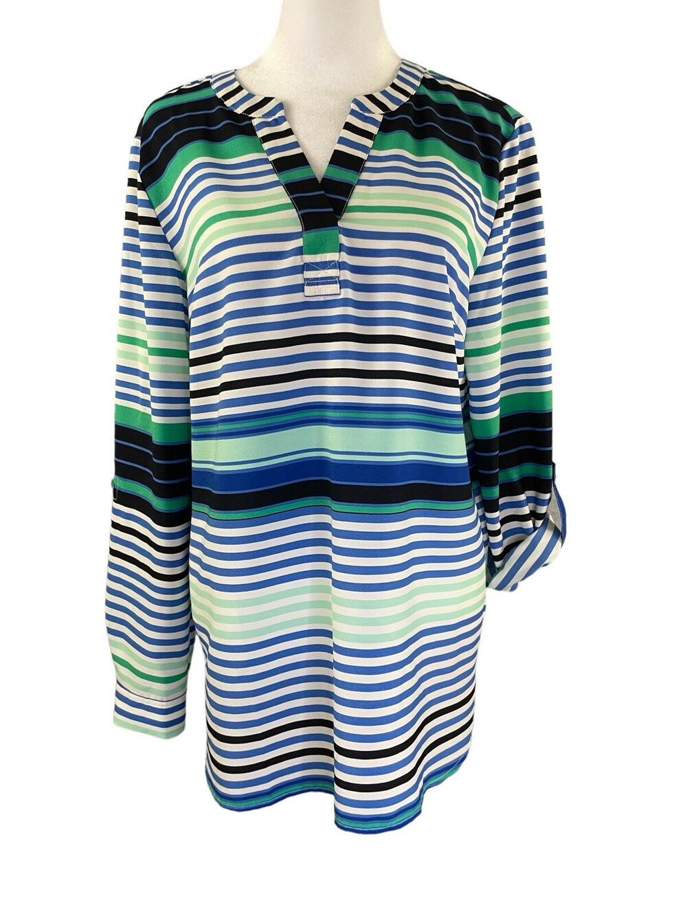 Talbots Popover Top M Striped V-neck Roll Tab Sleeve Lightweight Tunic